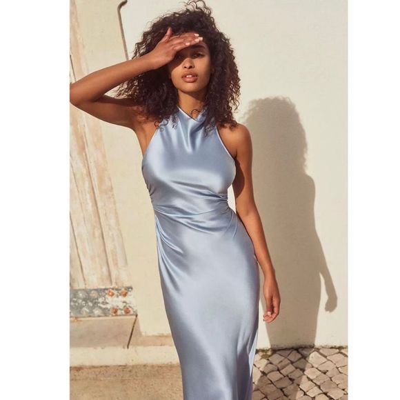 NWT Reformation Casette Midi Silk Dress Sz 6 Baby blue horizon Criss-cross Back - Picture 3 of 6